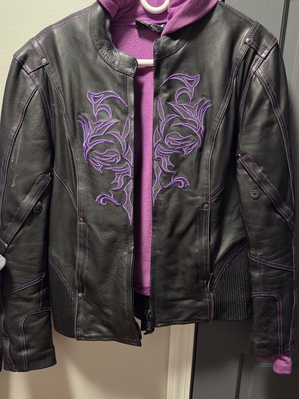 Street Angel Embroidered Leather Jacket in Black & Purple
